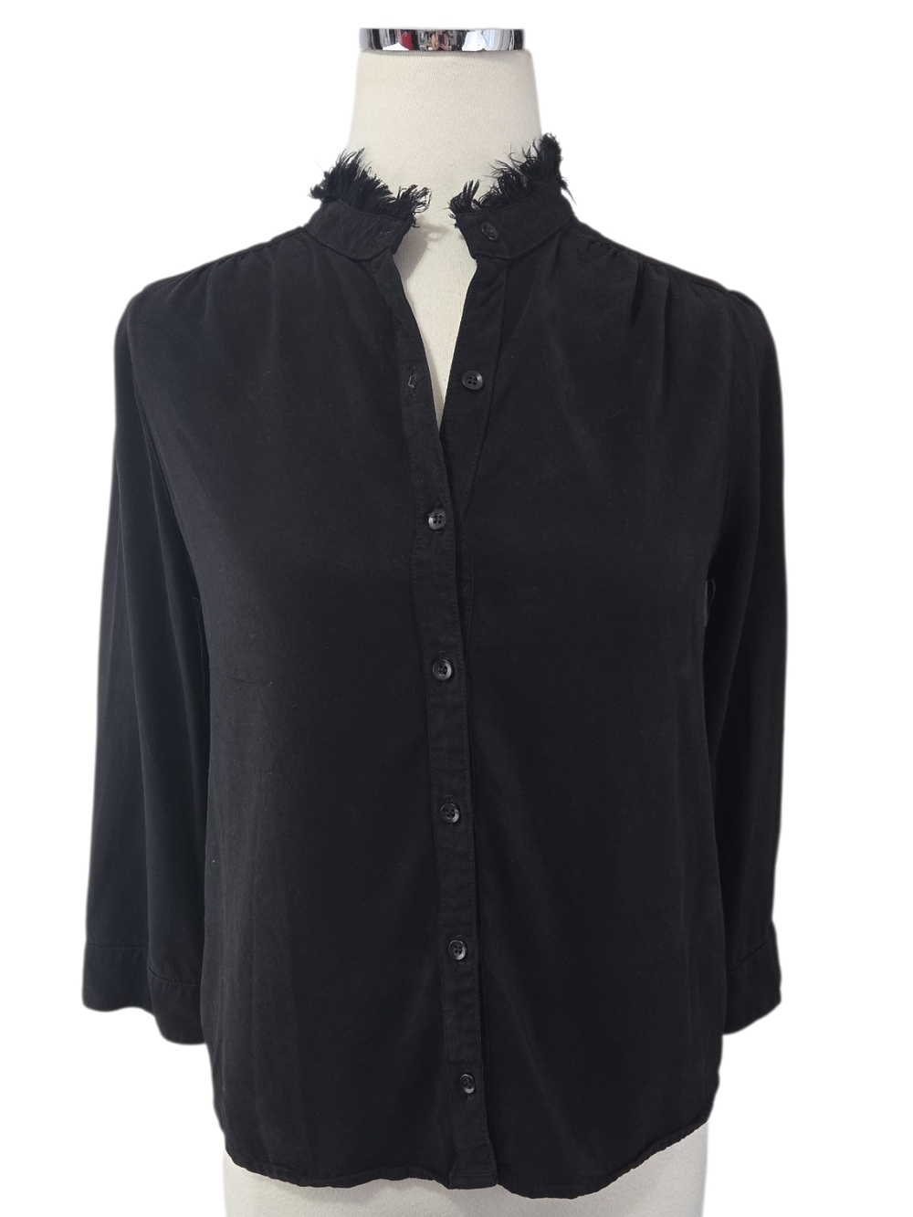 Maven West Womens XS Black Tencel Rayon Frayed Collar Button Front Blouse